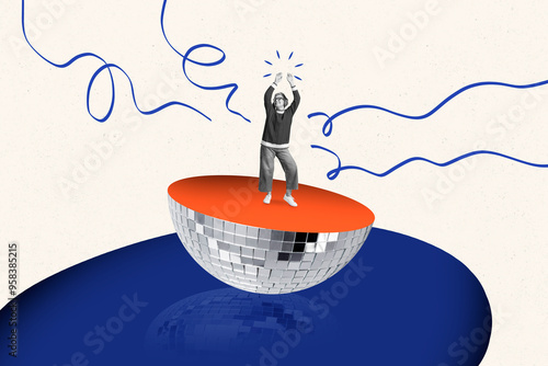 Fotografi Creative trend collage of dancing old lady have fun half discoball crazy party f
