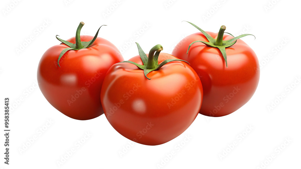 Fresh ripe tomatoes, isolated on a white background, are a healthy and juicy addition to any vegetarian diet Fresh ripe tomatoes, isolated on a white background, are a healthy and juicy addition to any vegetarian diet