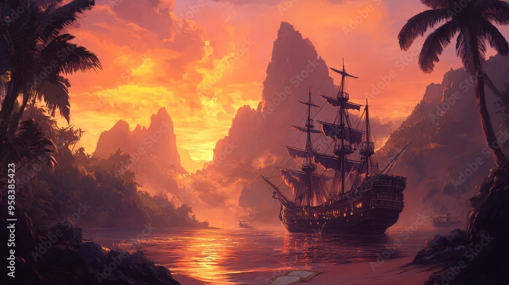 Obraz premium Majestic pirate ship sailing at sunset, surrounded by mountainous islands and lush palm trees.