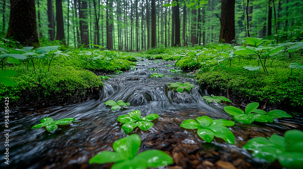 Obraz premium Tranquil Forest Stream, Spring Water Flowing Through Lush Greenery