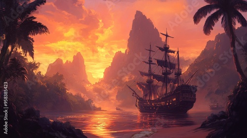 Majestic pirate ship sailing at sunset, surrounded by mountainous islands and lush palm trees.