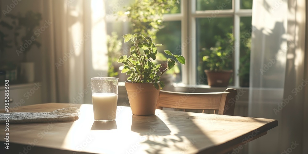 Milk in a glass, plant, wooden table, sunlight. Milk in a glass, plant, wooden table, sunlight.