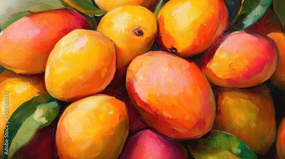 Oil painting of vibrant ripe mangoes showcasing their delicious and fresh appearance Oil painting of vibrant ripe mangoes showcasing their delicious and fresh appearance
