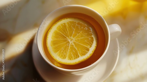 Top view of a cup of tea with a lemon slice. photo