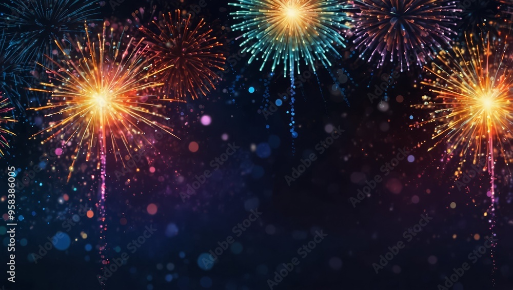 Fototapeta premium Colorful firework with bokeh background. New Year celebration, Abstract holiday background