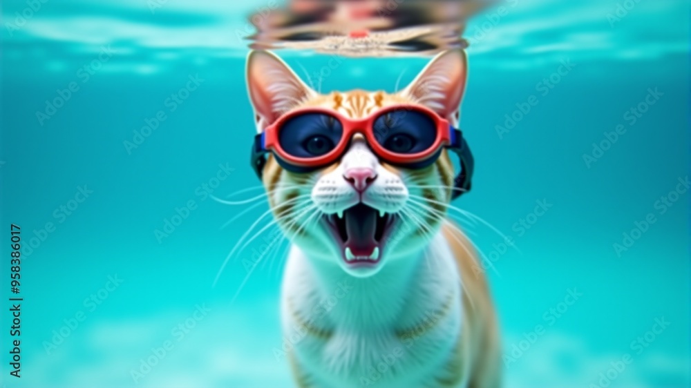 Funny photo of a cat underwater, a cat with an open mouth and red glasses Funny photo of a cat underwater, a cat with an open mouth and red glasses