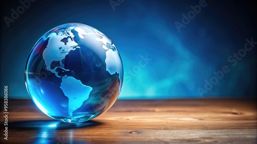 Glowing blue glass sphere, like a magical Earth globe, sits on a table, magical, glass, sphere, glowing, blue, Earth, globe photo