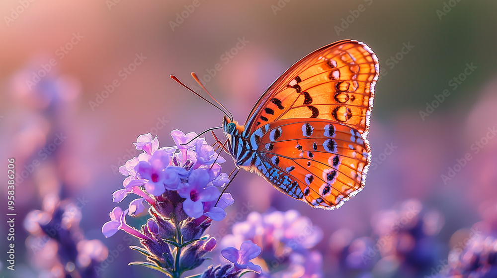 Obraz premium Bright Orange Butterfly on Purple Flower, Nature's Color Contrast