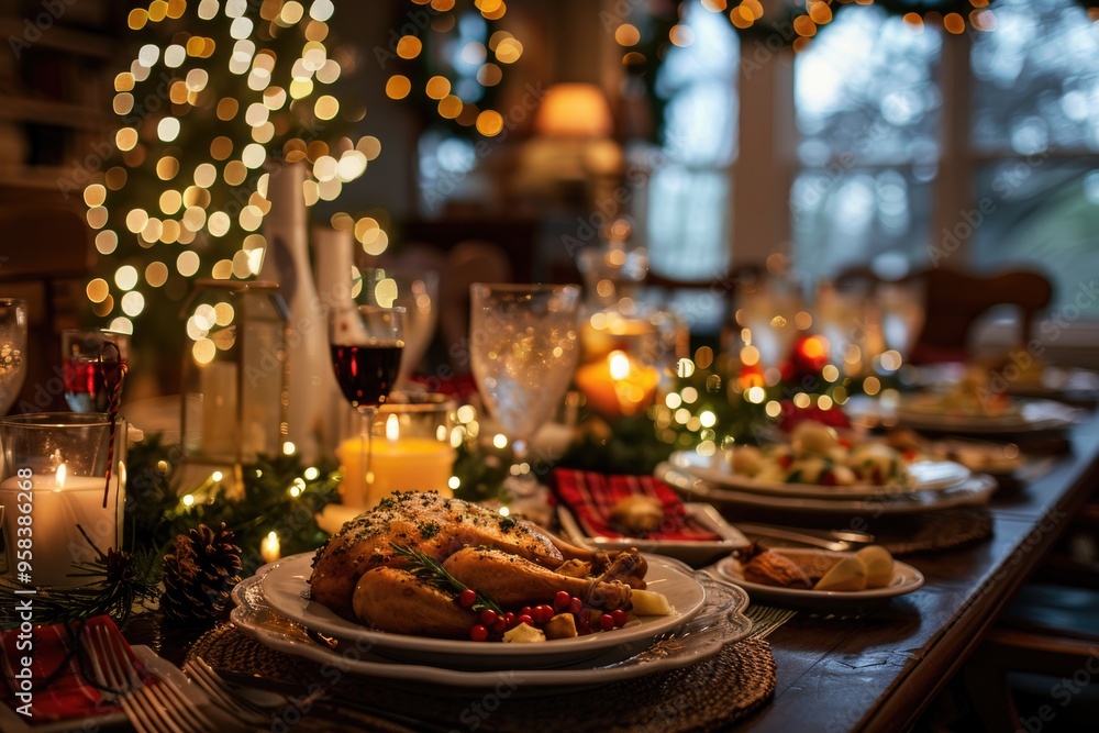 Elegant Christmas Dinner Table Setting with Candles and Festive Decor in Warm Lighting Elegant Christmas Dinner Table Setting with Candles and Festive Decor in Warm Lighting