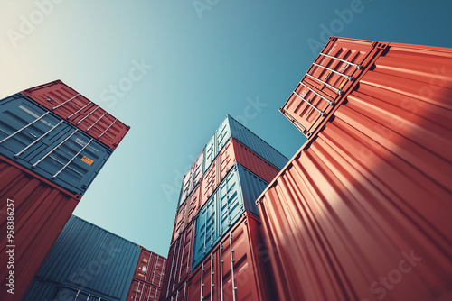 Stacked shipping containers form a vertical arrangement at the busy dock, optimizing storage and cargo handling