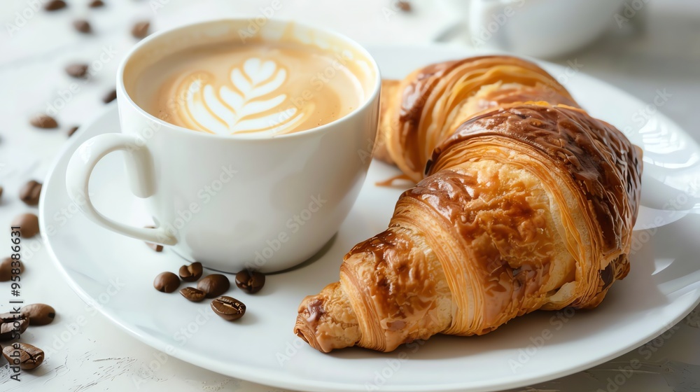A cup of coffee with a croissant on a white plate. A cup of coffee with a croissant on a white plate.