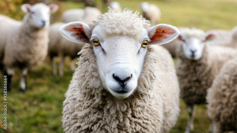 Large herd of sheep peacefully grazing on lush green field. Flock of sheep Large herd of sheep peacefully grazing on lush green field. Flock of sheep