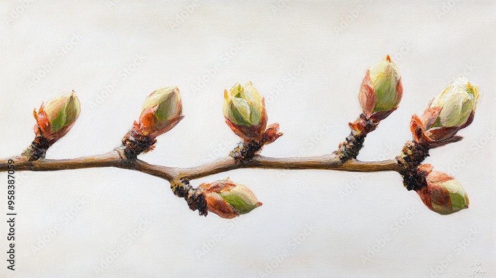 Oil painting showcasing close up flower buds on a fruit tree branch in spring poised for blooming set against a white background Oil painting showcasing close up flower buds on a fruit tree branch in spring poised for blooming set against a white background