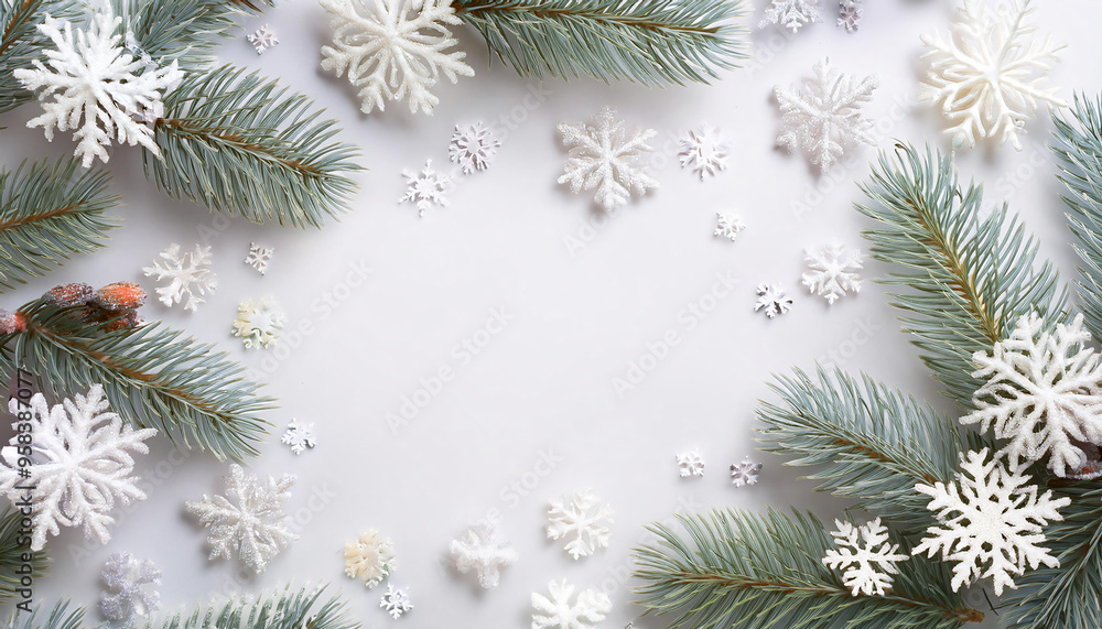 Winter Harmony: Glimmering Snowflakes and Frosted Pine Branches - Elegant Winter Garden Background Winter Harmony: Glimmering Snowflakes and Frosted Pine Branches - Elegant Winter Garden Background