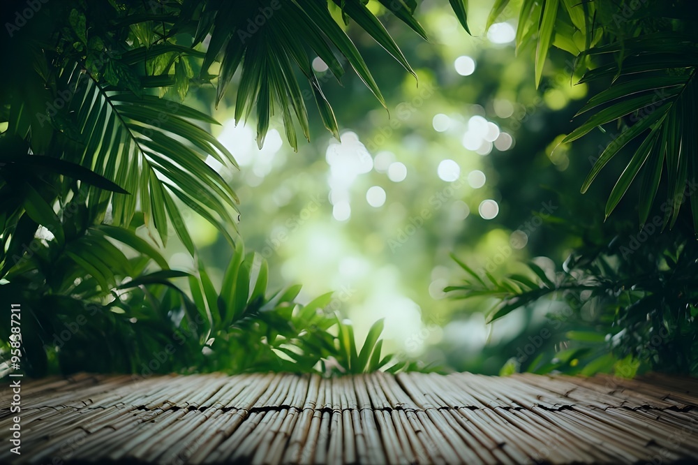 Close-Up of Wooden Surface with Blurred Green Foliage and Sunlight Bokeh Background Close-Up of Wooden Surface with Blurred Green Foliage and Sunlight Bokeh Background