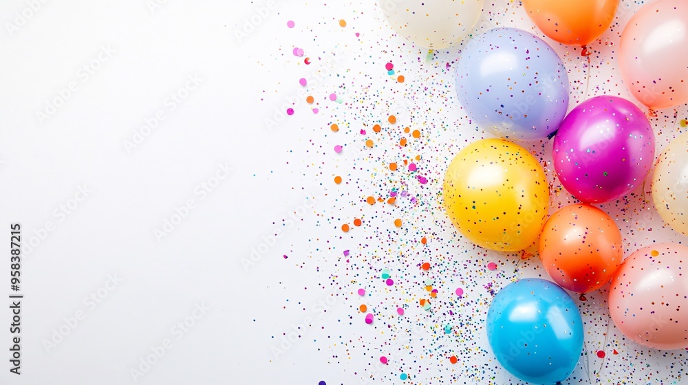 Colorful Celebration Balloons with Confetti on White Background Colorful Celebration Balloons with Confetti on White Background