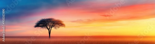 A serene landscape featuring a solitary tree against a vibrant sunset sky, showcasing nature's beauty and tranquility.