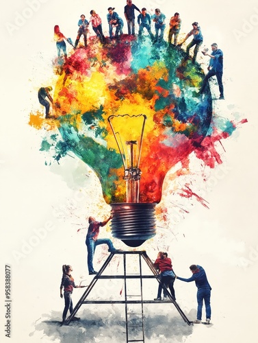 A group of people standing around a light bulb. photo