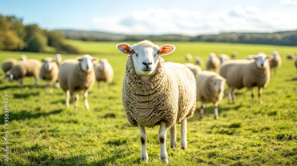 Large herd of sheep peacefully grazing on lush green field under a bright blue sky. Flock of sheep Large herd of sheep peacefully grazing on lush green field under a bright blue sky. Flock of sheep