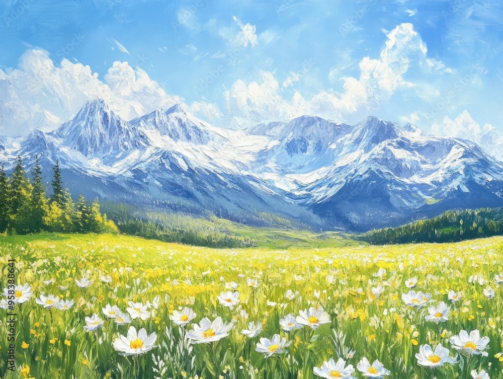 Fototapeta premium Oil painting depicting a stunning early spring scene in an alpine meadow under a clear blue sky