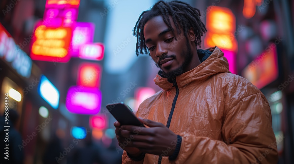 A man interacts with his smartphone amidst vibrant neon signs in a bustling city during twilight hours A man interacts with his smartphone amidst vibrant neon signs in a bustling city during twilight hours