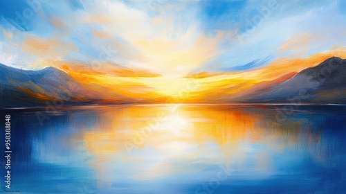 Wallpaper Mural Oil painting depicting a lakeside sunset with natural landscapes featuring reflections a blue sky and warm golden sunlight Torontodigital.ca
