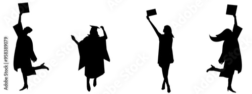 set vector silhouettes of graduation. different poses, isolated on white background,graduated, university, college. vector illustration.