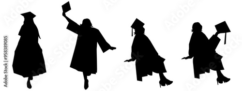 set vector silhouettes of graduation. different poses, isolated on white background,graduated, university, college. vector illustration.