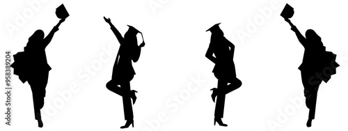 set vector silhouettes of graduation. different poses, isolated on white background,graduated, university, college. vector illustration.