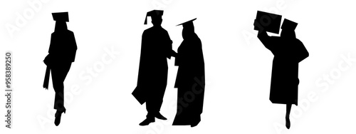 set vector silhouettes of graduation. different poses, isolated on white background,graduated, university, college. vector illustration.