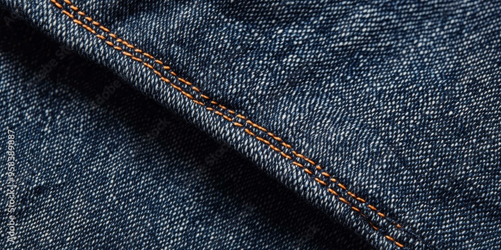 Close-up of blue denim fabric with orange stitching. Close-up of blue denim fabric with orange stitching.