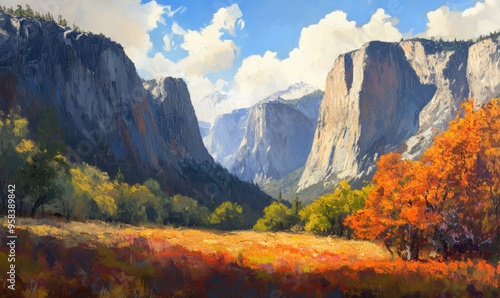 Oil painting depicting a stunning landscape of a national park featuring majestic cliffs and vibrant foliage