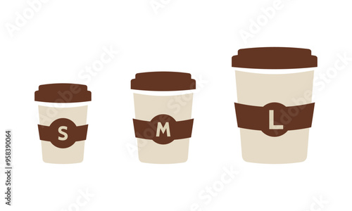 Vector set of different takeaway hot and cold beverage sizes. Paper cup size chart: small, medium, large, Coffee ot tea to go. Take away. Vector design