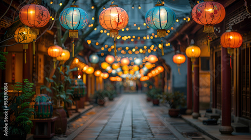 Wallpaper Mural  Lanterns illuminate a bustling street in an oriental city, creating a vibrant and enchanting atmosphere at night. Torontodigital.ca