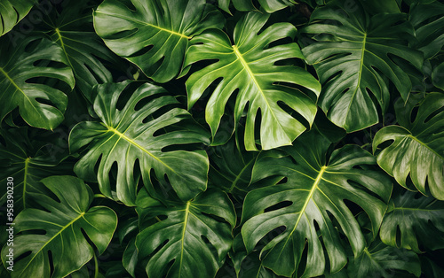 A tropical background featuring beautiful big monstera leaves, wallpaper