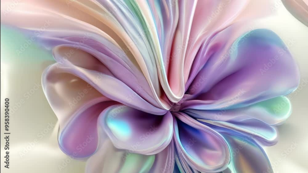 Soft gradient waves of fabric texture with 3D effect in delicate pastel shades of rose, lavender and mint on a cream background, uniting into a stylized fantasy moving flower. Fantasy play of satin li Soft gradient waves of fabric texture with 3D effect in delicate pastel shades of rose, lavender and mint on a cream background, uniting into a stylized fantasy moving flower. Fantasy play of satin li