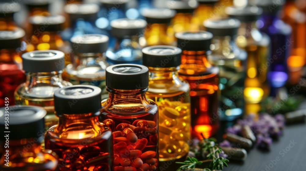A row of bottles filled with colorful pills is lined up on a table A row of bottles filled with colorful pills is lined up on a table
