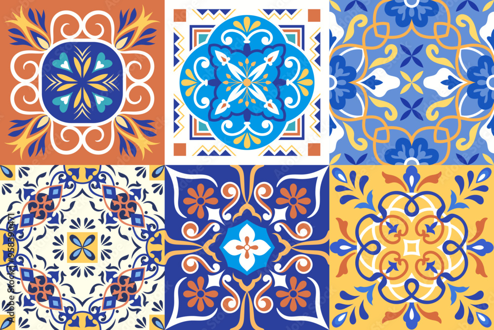 Mexican Talavera Ceramic Tiles. Spanish Maiolica. Portuguese Azulejos Tiles. Colorful decorative stickers for tiles with floral patterns. Ceramic Ethnic folk ornament. Mexican Talavera Ceramic Tiles. Spanish Maiolica. Portuguese Azulejos Tiles. Colorful decorative stickers for tiles with floral patterns. Ceramic Ethnic folk ornament.