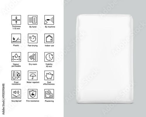 Vertical big heavy bag mockups for chemical products with set icons. High realistic vector illustration isolated on grey background. Ready for use in presentation, promo, advertising and more. EPS10.