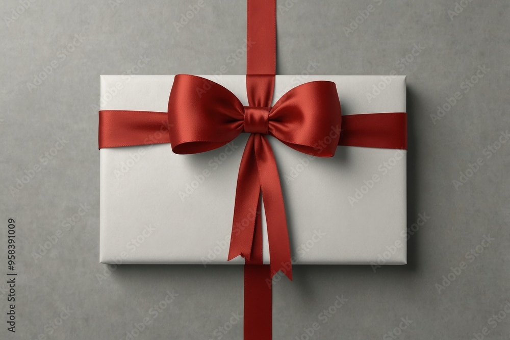 Empty White paper card with gift red satin bow Empty White paper card with gift red satin bow