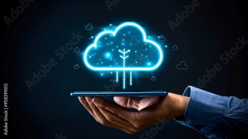 Wallpaper Mural Cloud Computing Concept Glowing Cloud Icon, Network Connections, and Person Holding Smartphone Torontodigital.ca