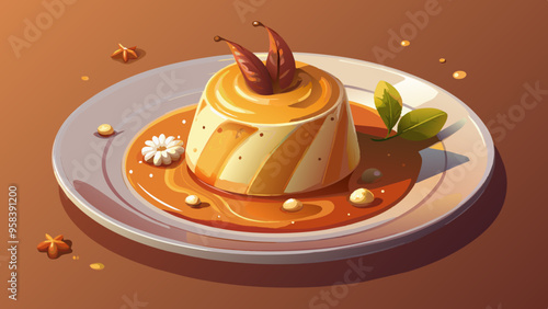 Exquisite vanilla pudding, delicate gourmet mousse: ultra-realistic vector art depiction showcasing intricate details like caramelized sugar drizzle, vanilla pod curls, perfect for fine dining menus