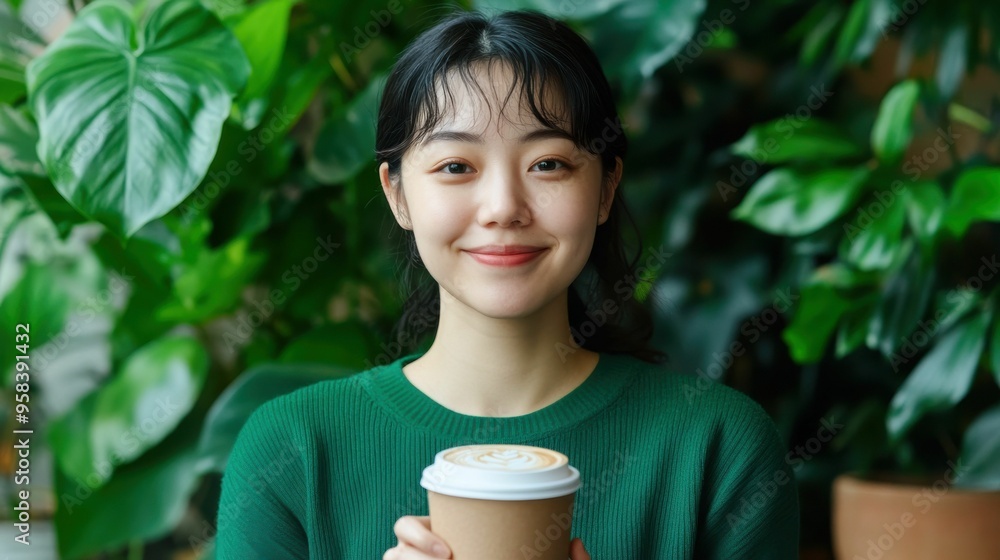 Smiling woman holding a coffee cup surrounded by lush green indoor plants. Smiling woman holding a coffee cup surrounded by lush green indoor plants.