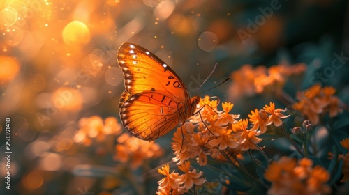 Orange butterflies flying in the garden. spreading wings butterfly on a leaf