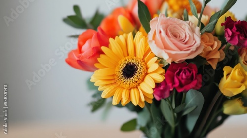 Close-up of a colorful bouquet featuring sunflowers, roses, and tulips.
