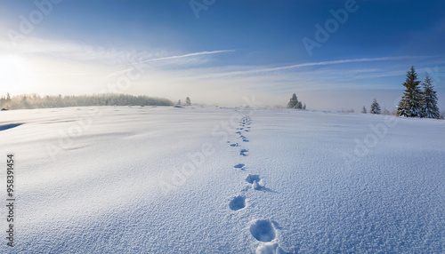 Wallpaper Mural Traces in the Snow: A Trail of Small Animal Tracks Across a Freshly Fallen Snowfield - Quiet Winter Landscape Background Torontodigital.ca