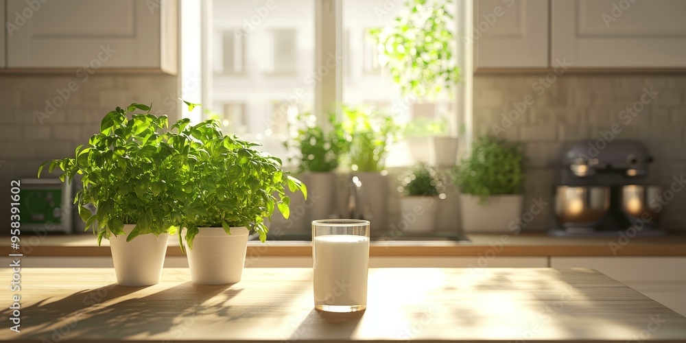 Fototapeta premium Kitchen countertop with plants, milk, and sunbeams.