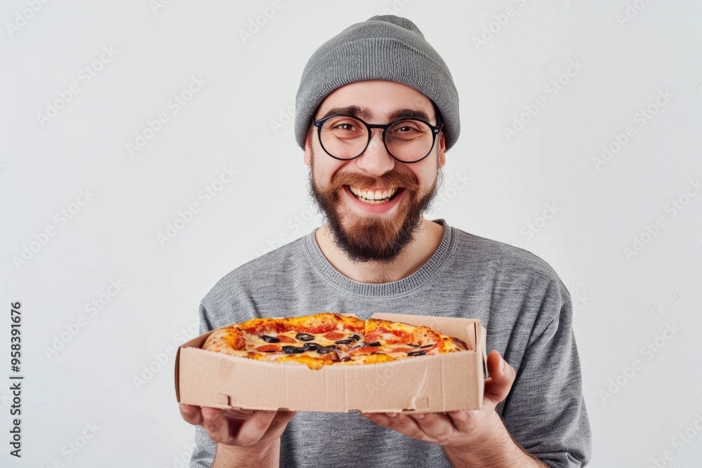 Cheerful man holding delicious pizza in box with beanie and glasses Cheerful man holding delicious pizza in box with beanie and glasses