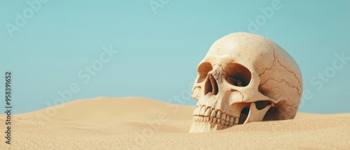 A weathered human skull rests on the sandy dunes of a desert, symbolizing the impact of extreme heat, drought, and desertification in an unforgiving environment. photo