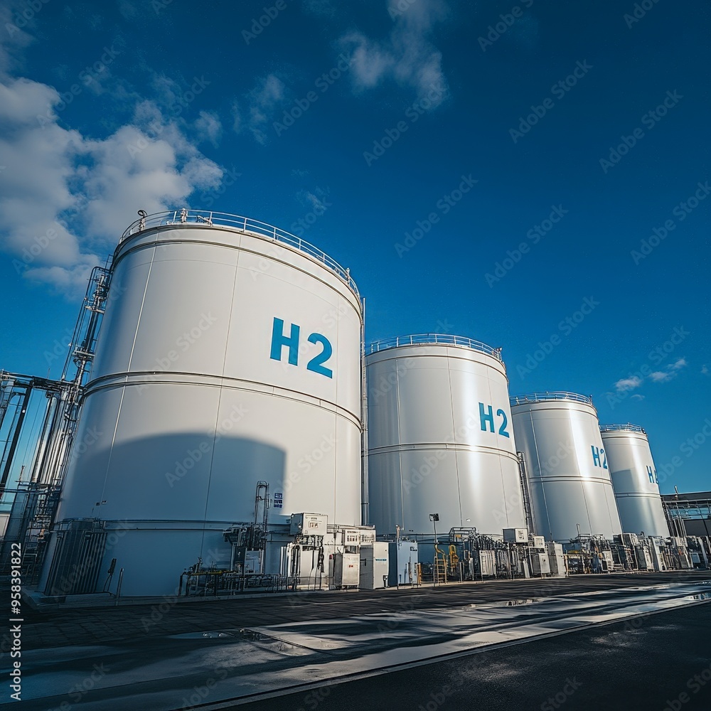 Large Hydrogen Storage Tanks Against a Clear Blue Sky Large Hydrogen Storage Tanks Against a Clear Blue Sky